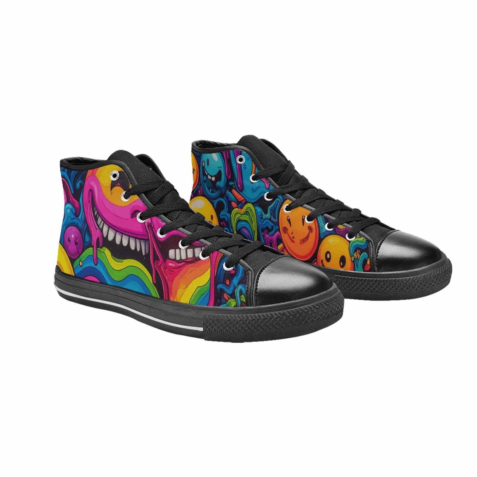 MEN'S Yellow Smiley Face High Top Canvas Grunge Custom Sneakers