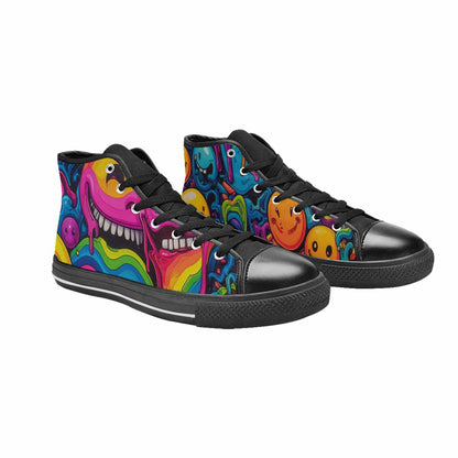 MEN'S Yellow Smiley Face High Top Canvas Grunge Custom Sneakers
