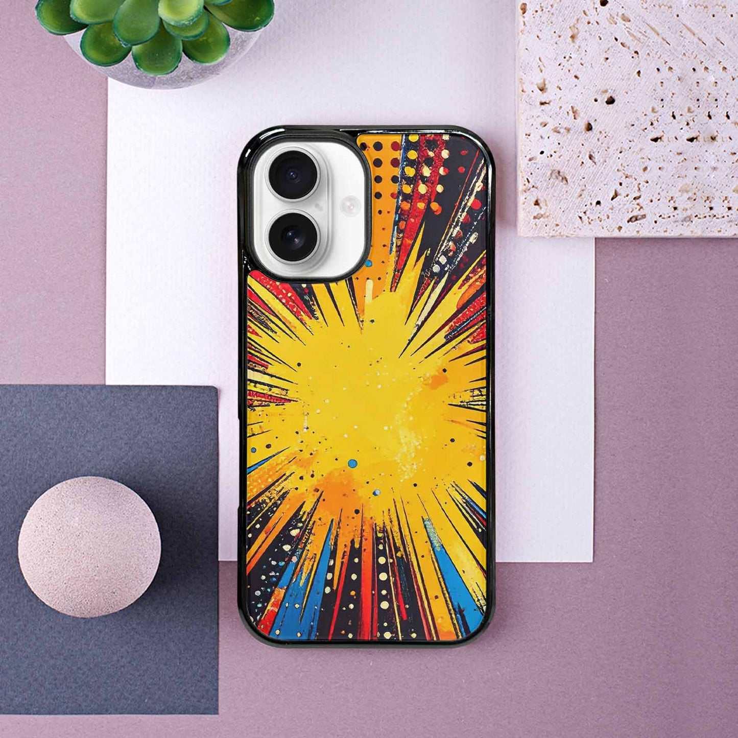 iPhone 16 Case — Comic Halftone Comic Bursts Pattern Hundreds, Custom Designed Case Cover