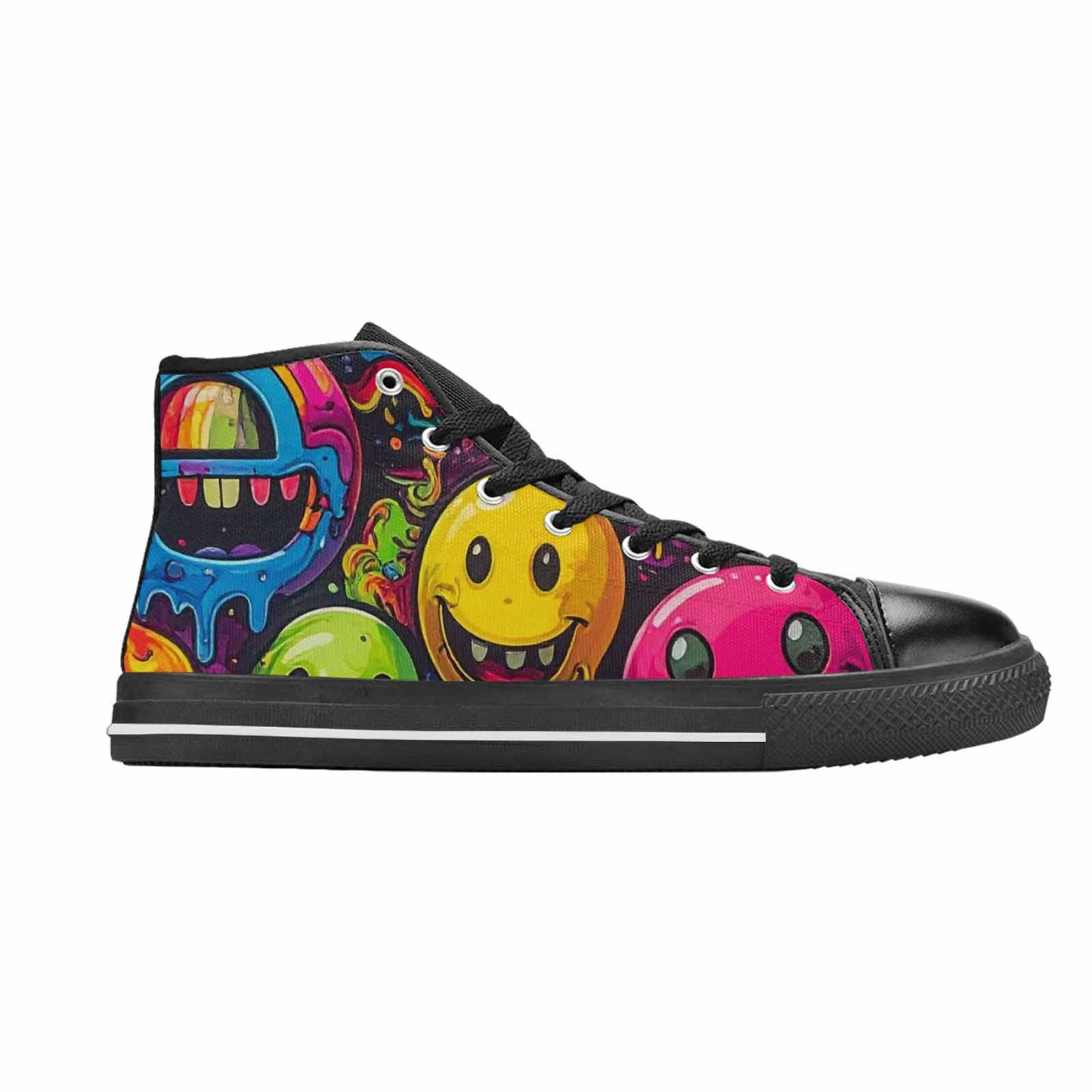 MEN'S Yellow Smiley Face High Top Canvas Neon Fantasy Custom Sneakers
