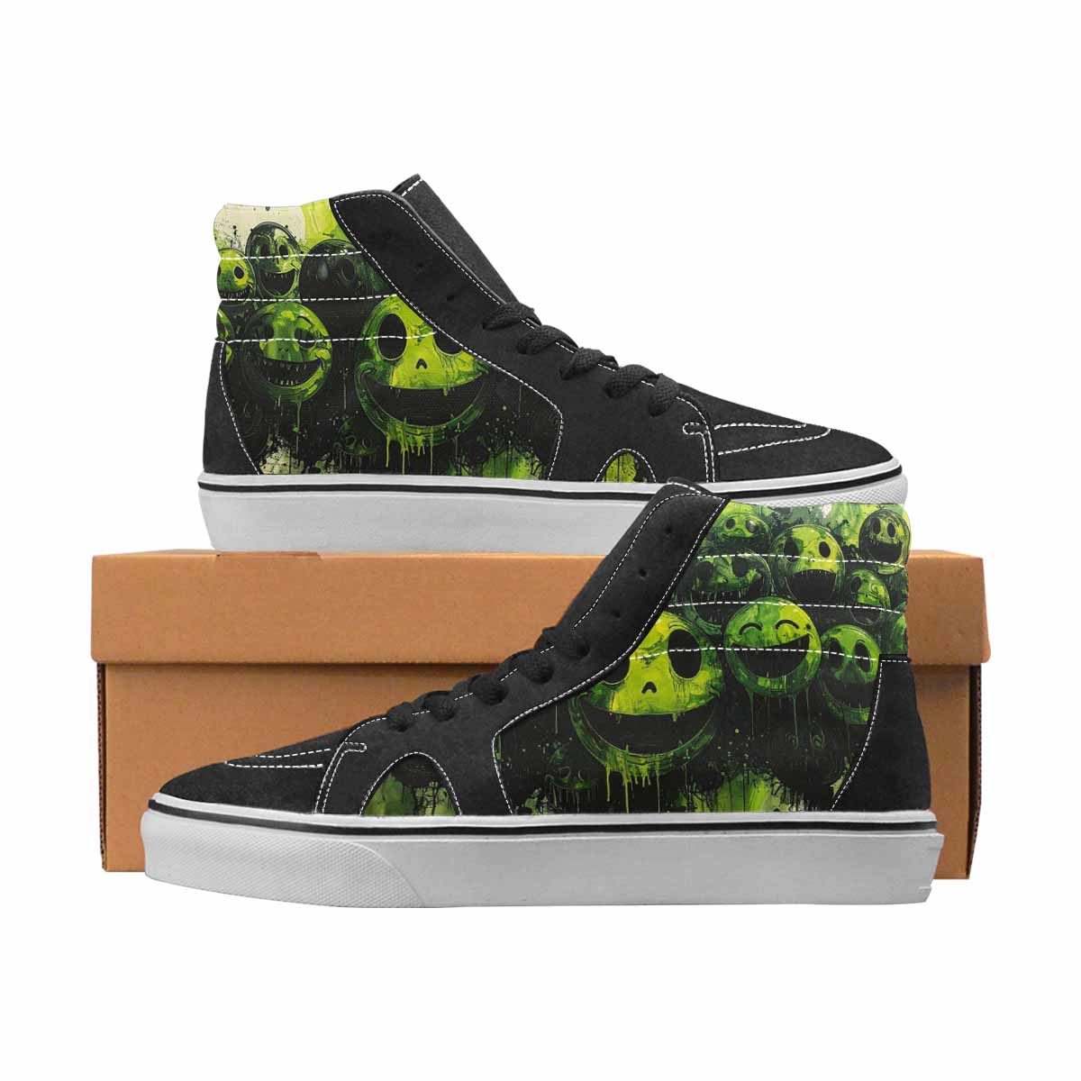 WOMEN'S Smiley Face Black & Green Ink High Top Canvas Custom Design Cottagecore Custom Shoes