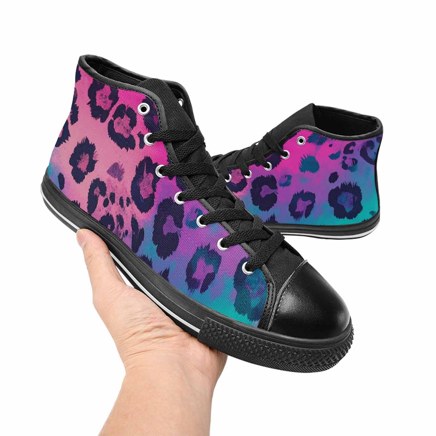 MEN'S Leopard Neon Pink Teal Airbrush High Top Canvas Wallpaper Art Shoes