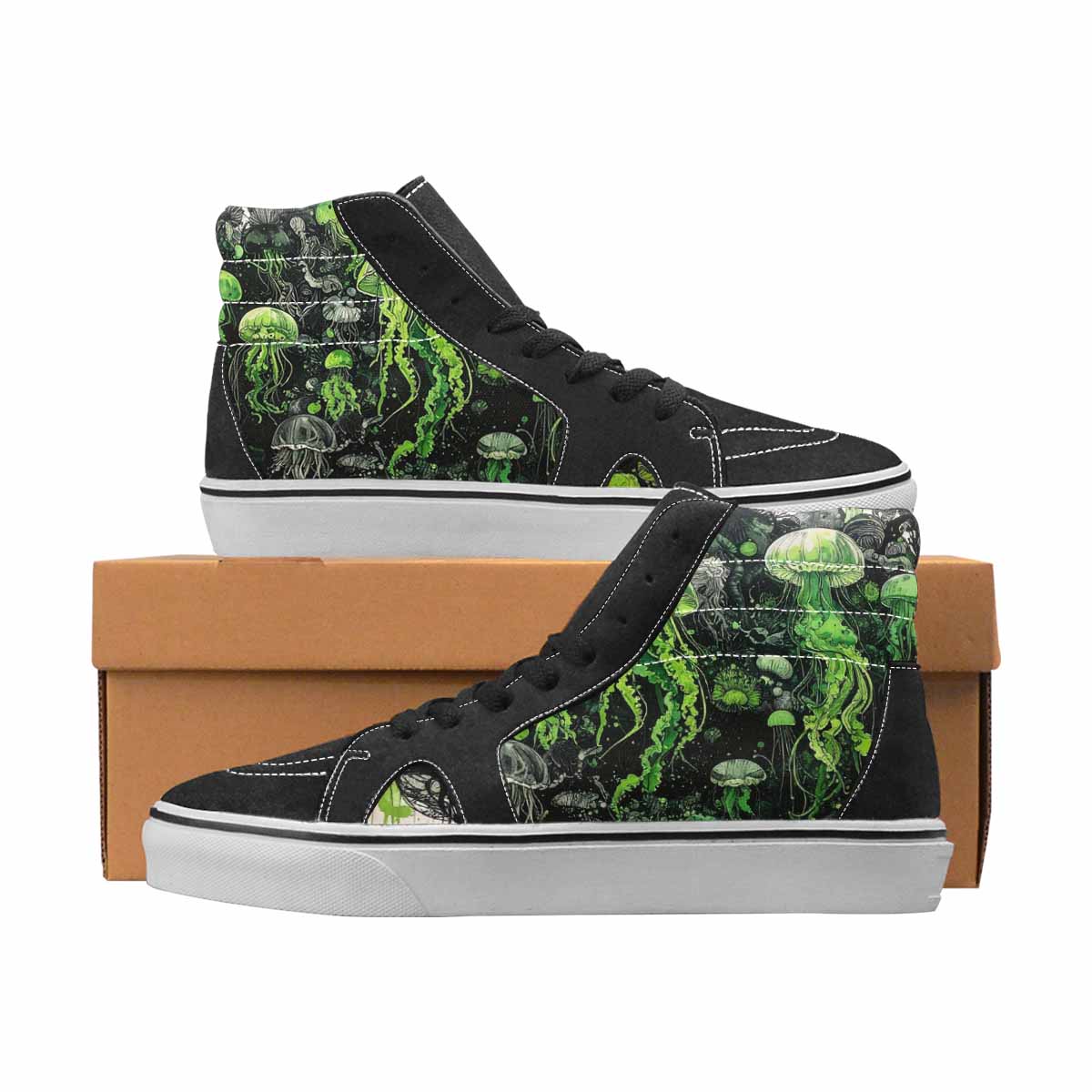WOMEN'S Sea Creatures Black & Green Ink High Top Canvas Graphic Print Vivid Custom Art Shoes