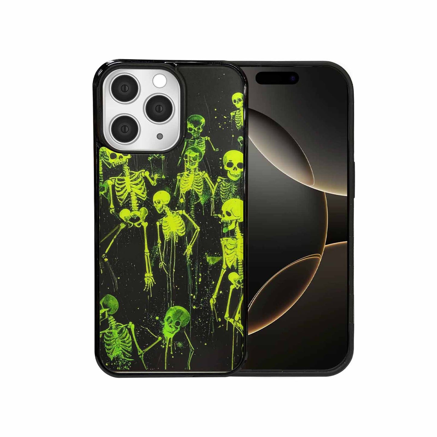 iPhone 15 Pro Max Case — Skeletons Neon Green Glow Skeletons Pattern, Custom Designed Case Cover