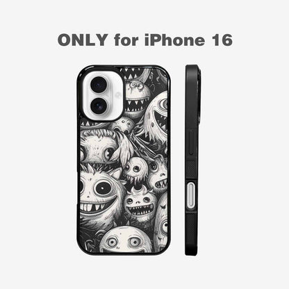 iPhone 16 Case — Black And White Monster Face Collage, Custom Printed Phone Case