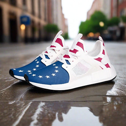 Betsy Ross Flag custom high-top canvas shoes — wearable art by Freaky Shoes
