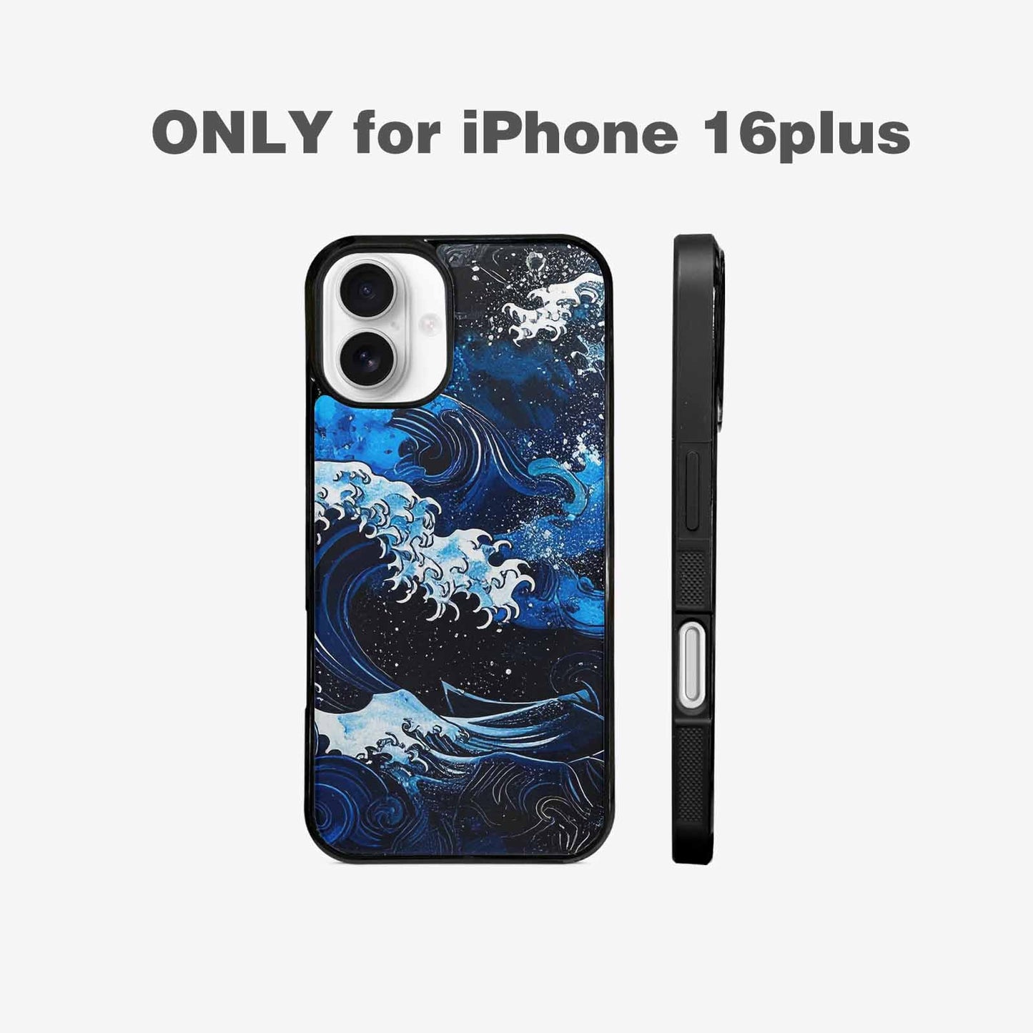 iPhone 16 Plus Case — Nautical Wave Black Blue Ink Wave, Custom Made Phone Cover