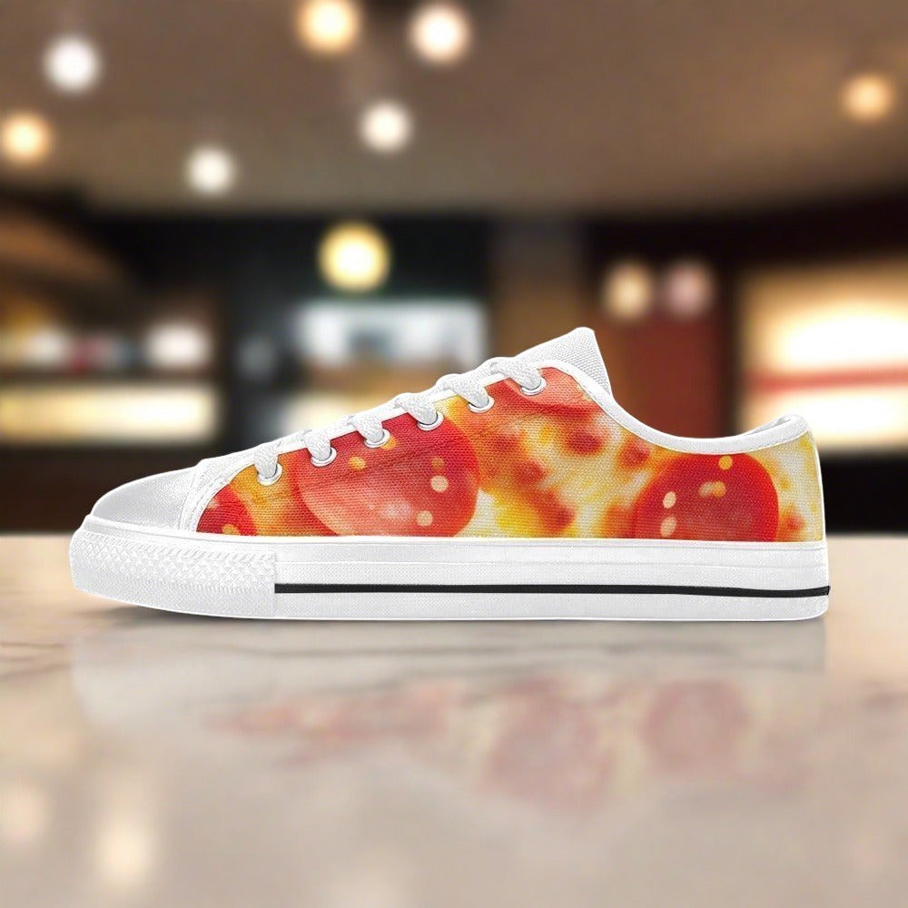 Women's Pepperoni Pizza Cheese Closeup hand-made high-top canvas shoes — unique wearable art by Freaky Shoes