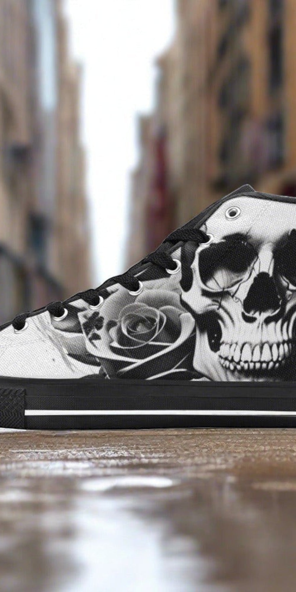 Men's Cartoon Skulls & Roses Black & White high-top canvas shoes — one-of-a-kind custom printed art, Freaky Shoes