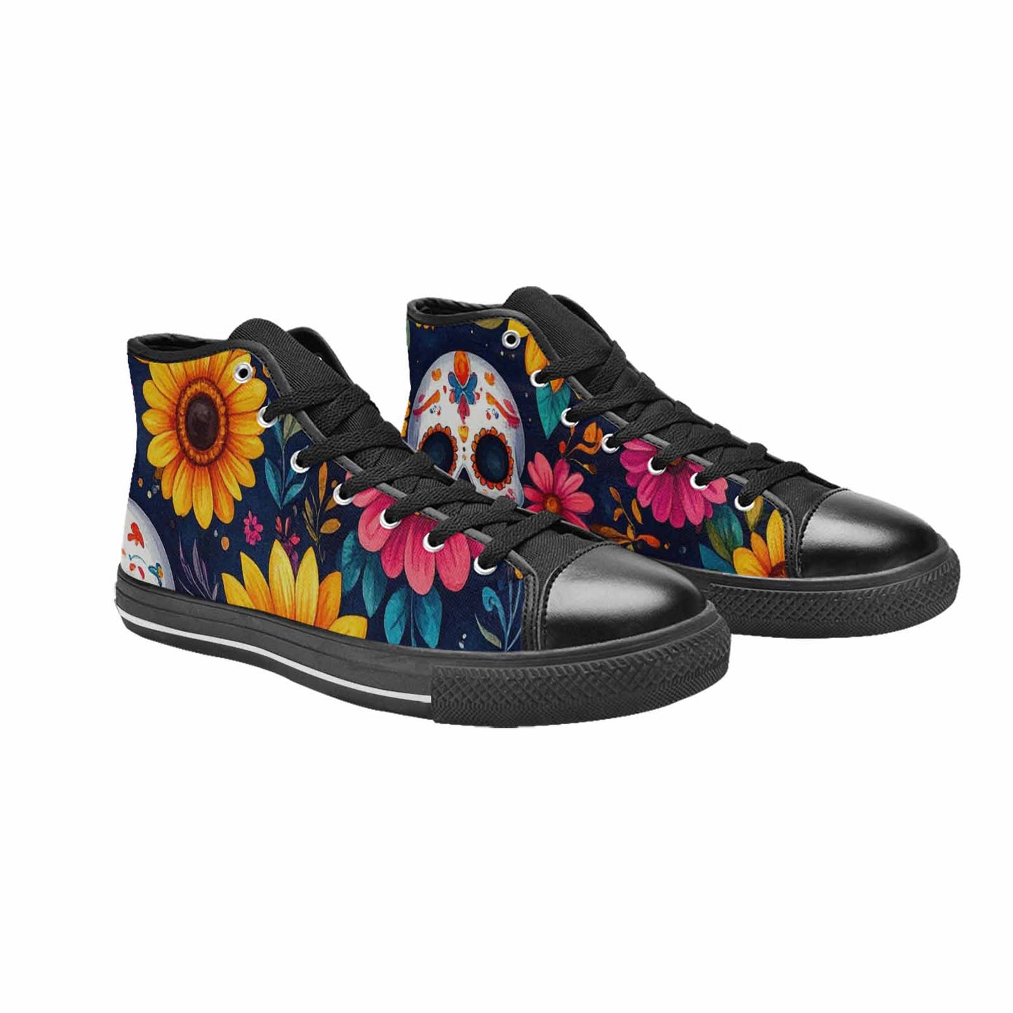 WOMEN'S Sunflower Skulls Print High Top Canvas Vivid Custom Shoes