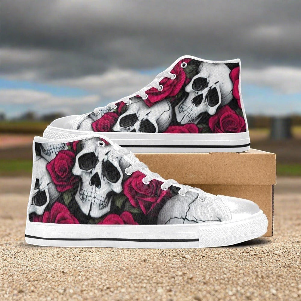 Men's Skulls & Roses custom high-top canvas shoes — wearable art by Freaky Shoes