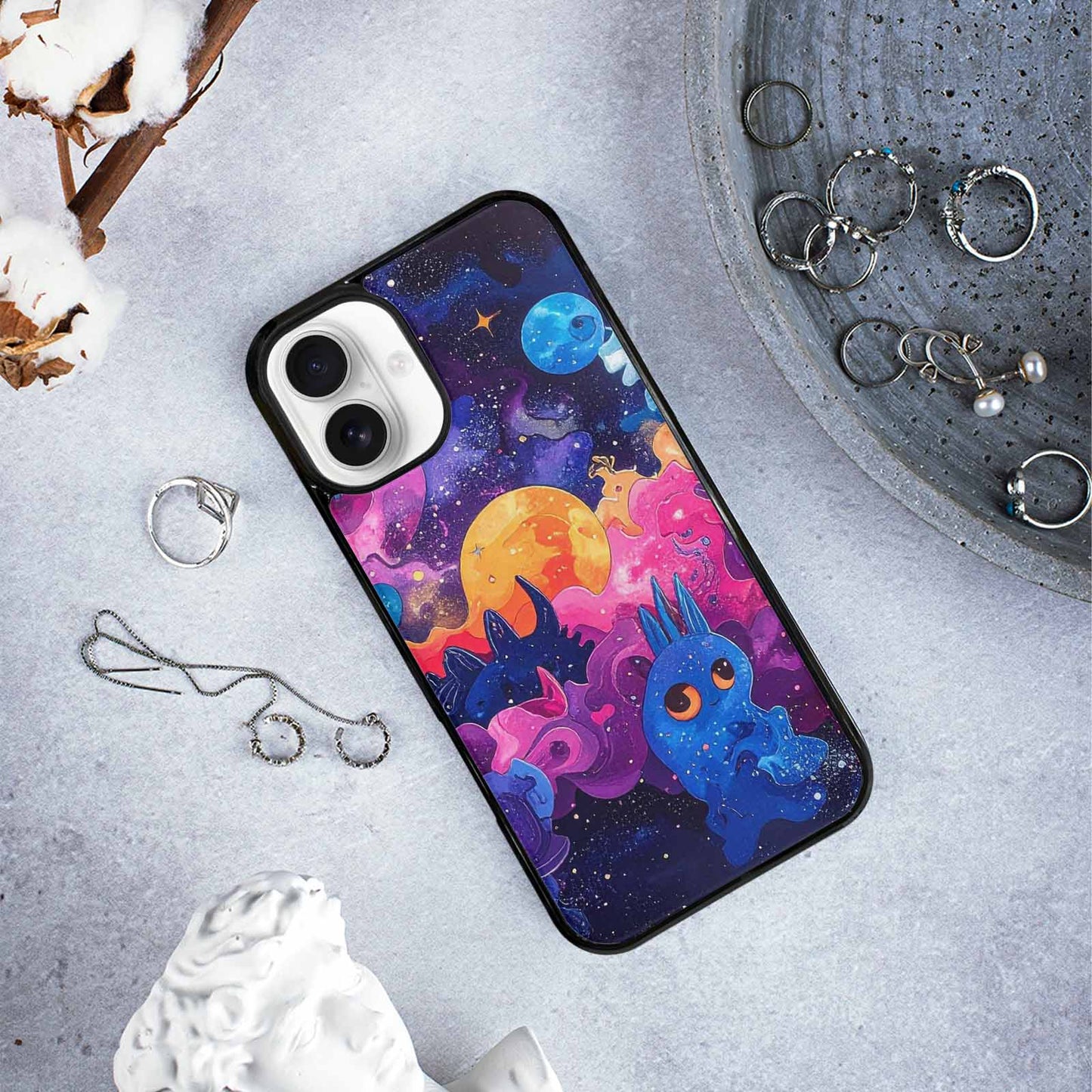 iPhone 16 Plus Case — Cosmic Creature And Object Mashup Pattern, Custom Phone Case
