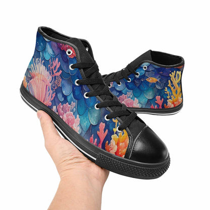 WOMEN'S Fish Scale Coral High Top Canvas Vibrant Chaos Custom Sneakers