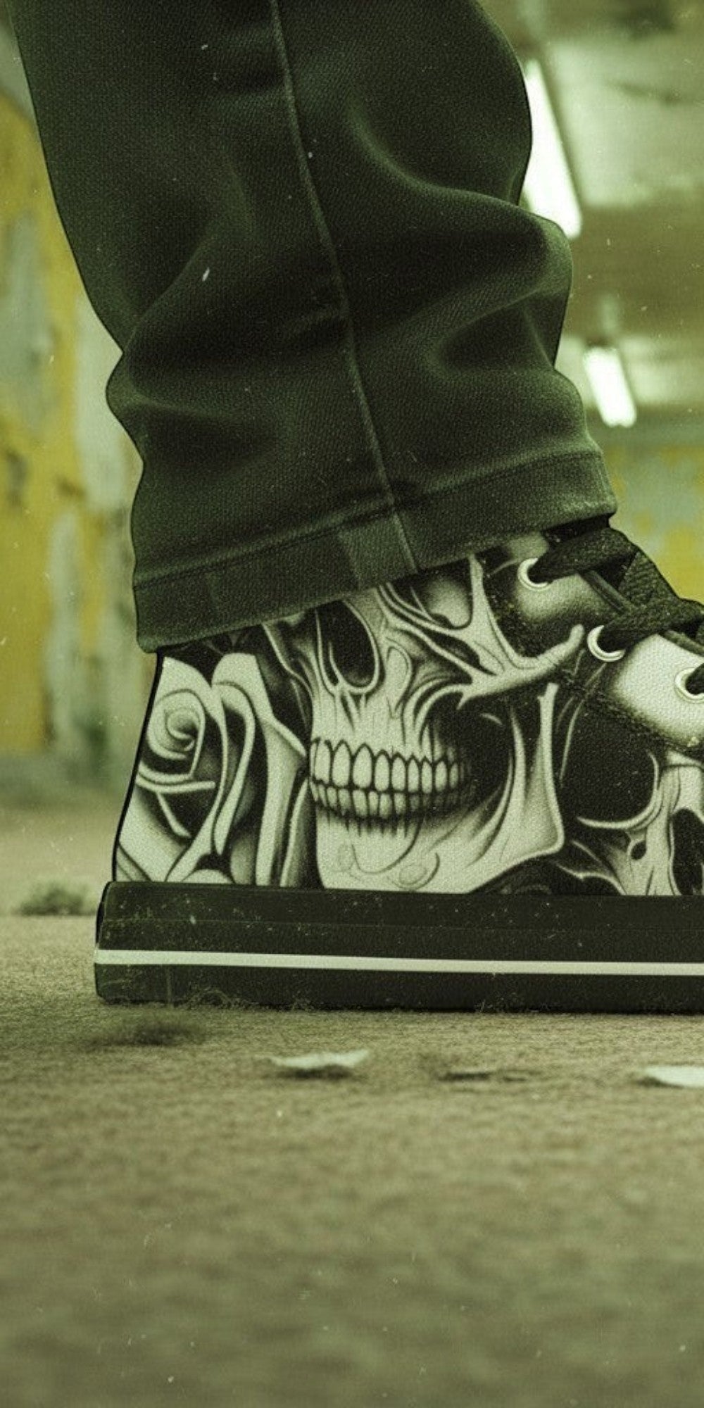 Custom Men's Cartoon Skulls & Roses high-top canvas shoes with bold all-over art — Freaky Shoes