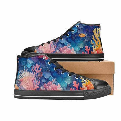 WOMEN'S Fish Scale Coral High Top Canvas Vibrant Chaos Custom Sneakers