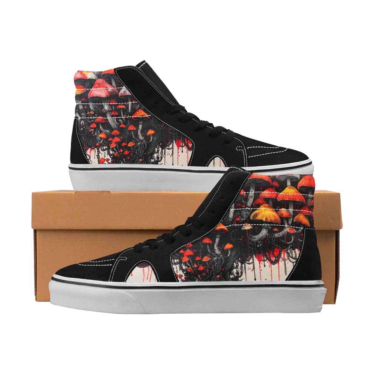 MEN'S Mushrooms Black & Red Ink High Top Canvas Custom Design Neon Fantasy Sneakers