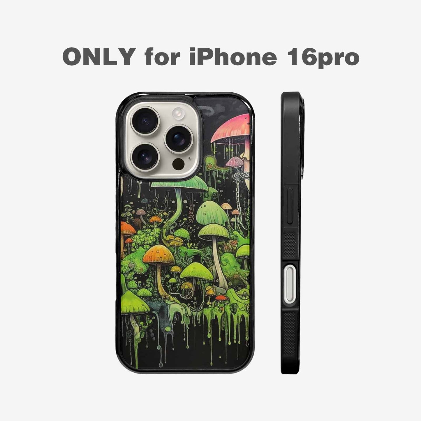 iPhone 16 Pro Case — Rainbow Drip Mushrooms Black Green Ink, Custom Printed Phone Case