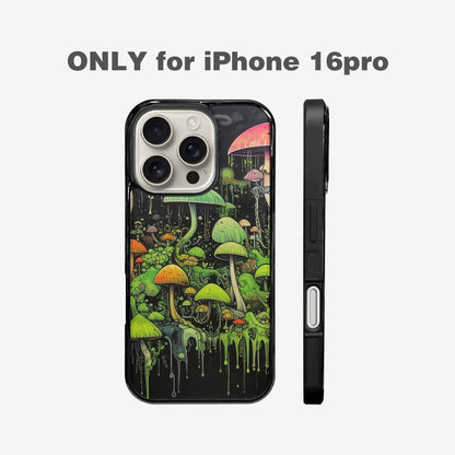 iPhone 16 Pro Case — Rainbow Drip Mushrooms Black Green Ink, Custom Printed Phone Case
