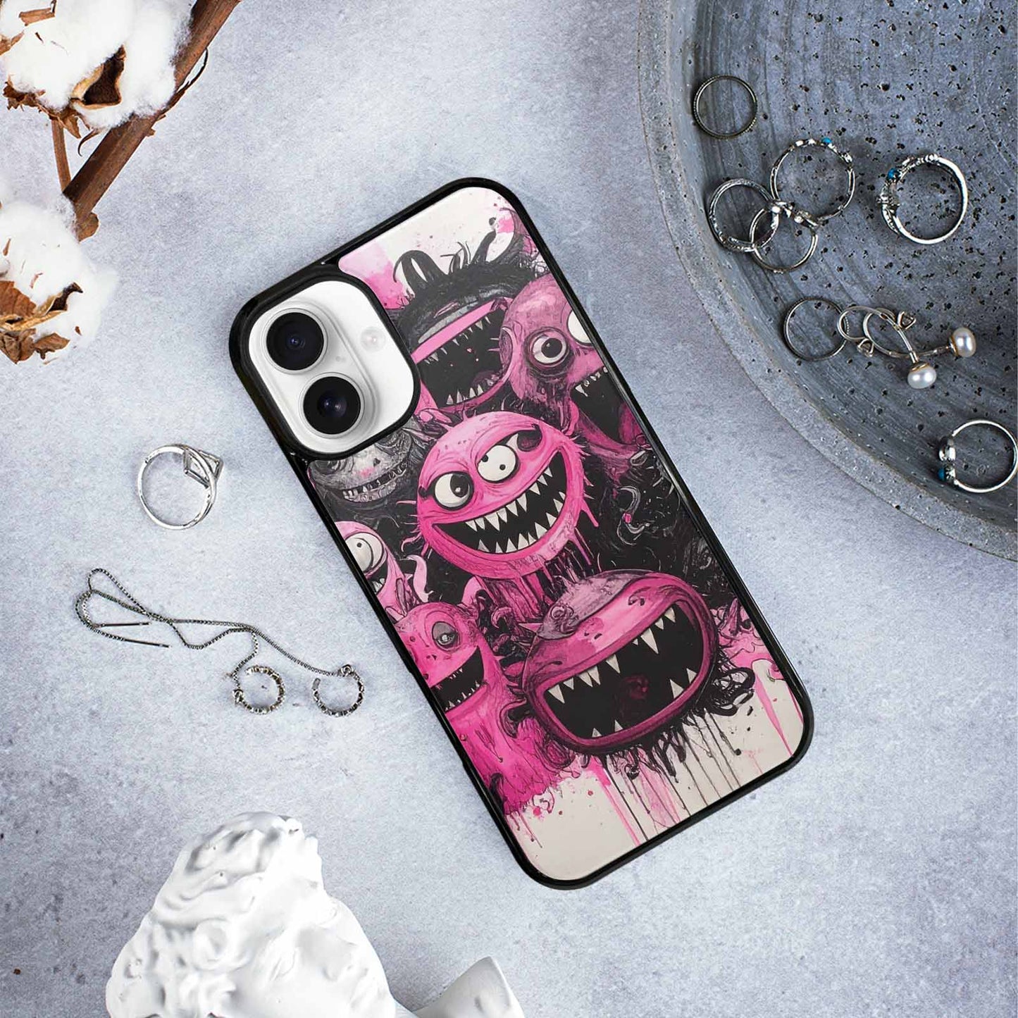 iPhone 16 Plus Case — Monsters General Black Pink Ink Cartoon, Custom Printed Phone Case