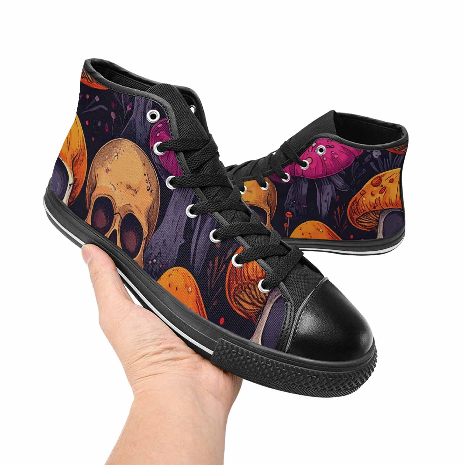 WOMEN'S Mushroom Skulls High Top Canvas Neon Fantasy Sneakers