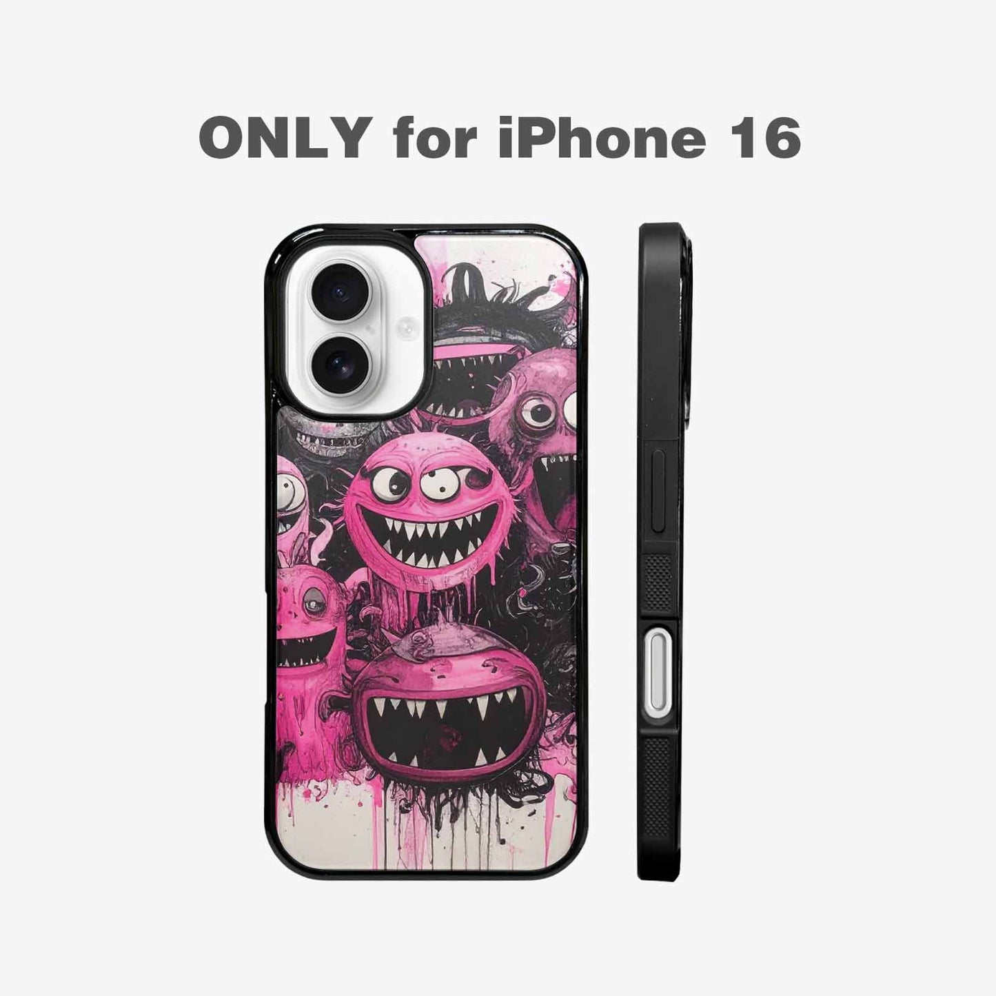 iPhone 16 Case — Monsters General Black Pink Ink Cartoon, Unique Phone Case Design