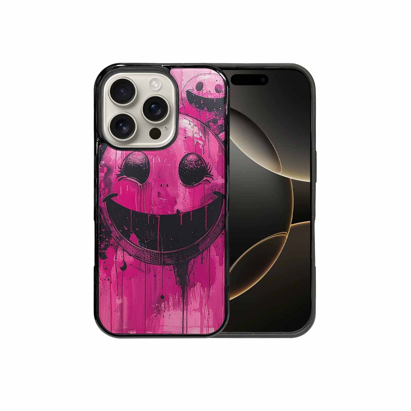 iPhone 16 Pro Case — Melting Moon Smiley Black Pink Ink, Custom Printed Phone Case
