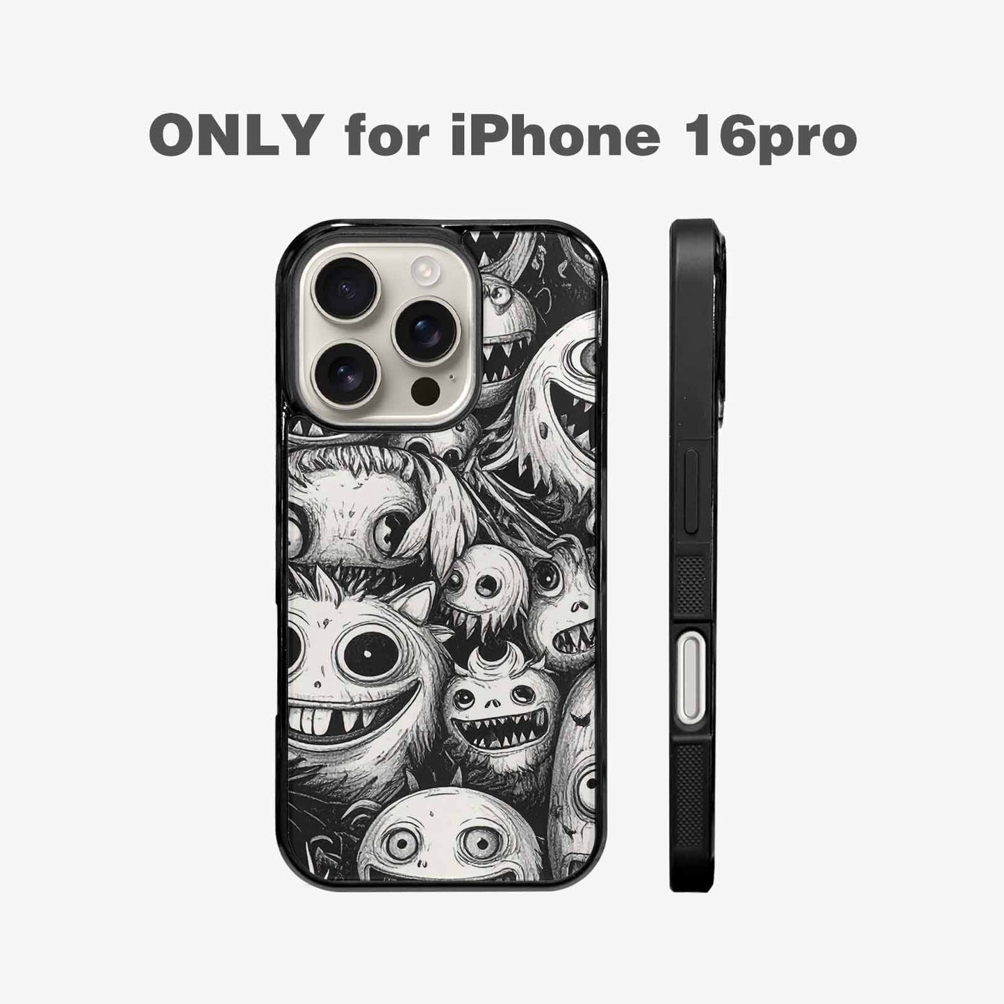 iPhone 16 Pro Case — Black And White Monster Face Collage, Custom Printed Phone Case