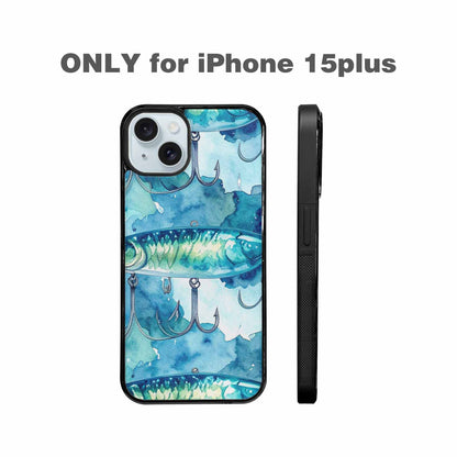 iPhone 15 Plus Case — Fishing Lure And Hook Pattern Seamless, Customized Protective Case