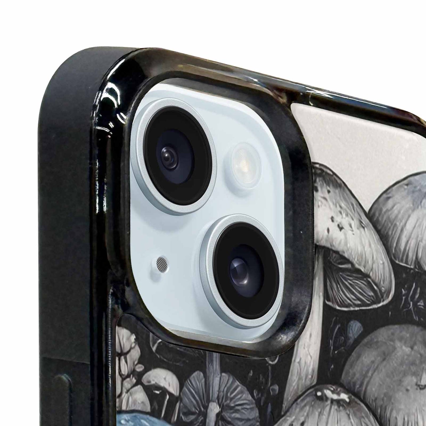 iPhone 15 Plus Case — Mushrooms General Black Blue Ink Mushrooms, Custom Phone Case