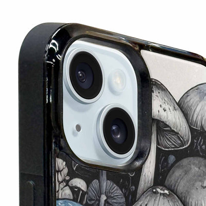 iPhone 15 Plus Case — Mushrooms General Black Blue Ink Mushrooms, Custom Printed Phone Case