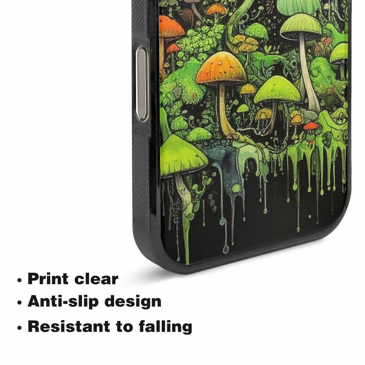 iPhone 16 Pro Case — Rainbow Drip Mushrooms Black Green Ink, Custom Printed Phone Case