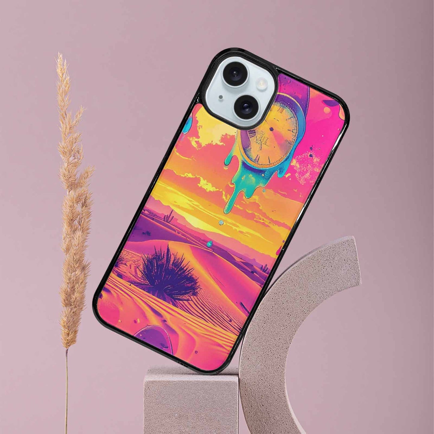 iPhone 15 Plus Case — Surrealist Dreamscape Pattern Melting Clocks Desert, Unique Phone Case Design