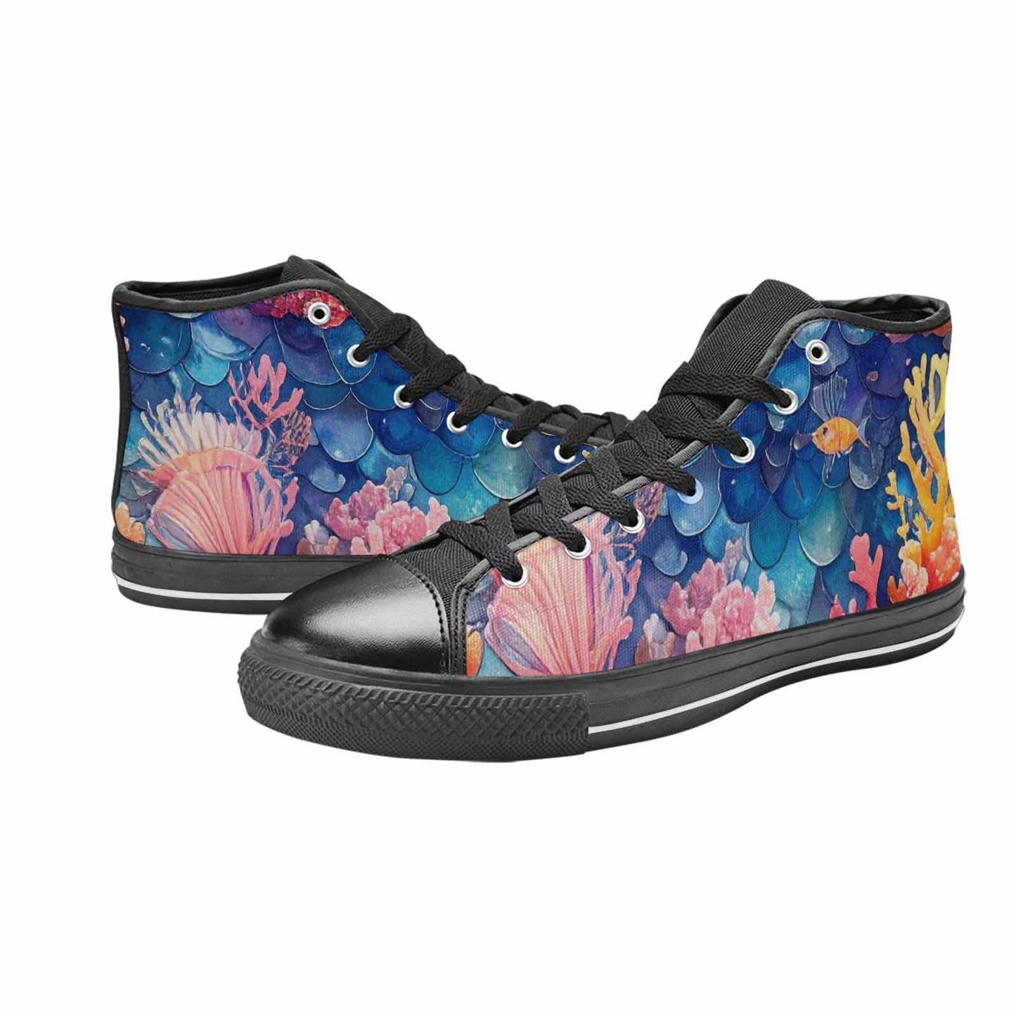 WOMEN'S Fish Scale Coral High Top Canvas Vibrant Chaos Custom Sneakers