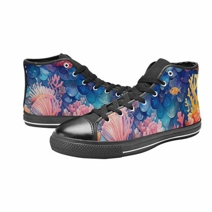 WOMEN'S Fish Scale Coral High Top Canvas Vibrant Chaos Custom Sneakers