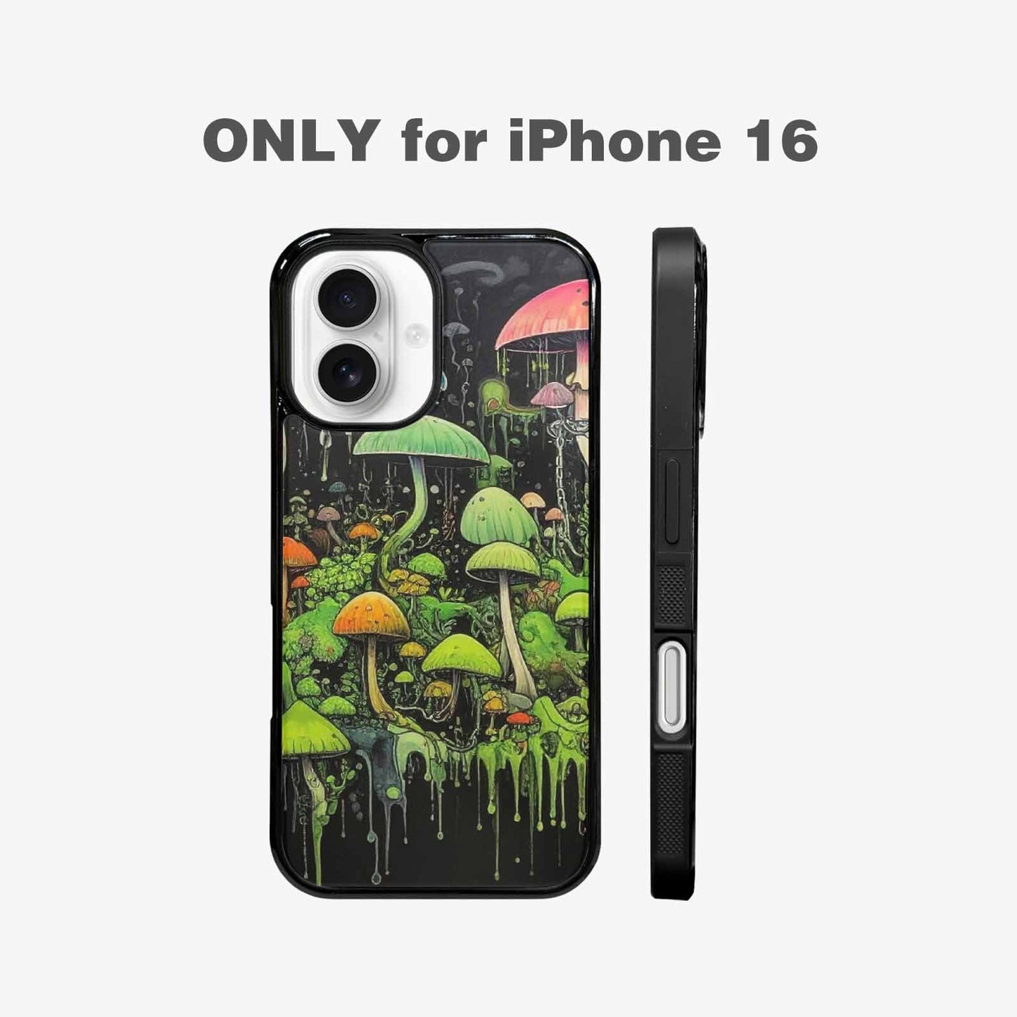 iPhone 16 Case — Rainbow Drip Mushrooms Black Green Ink, Original Design Phone Case