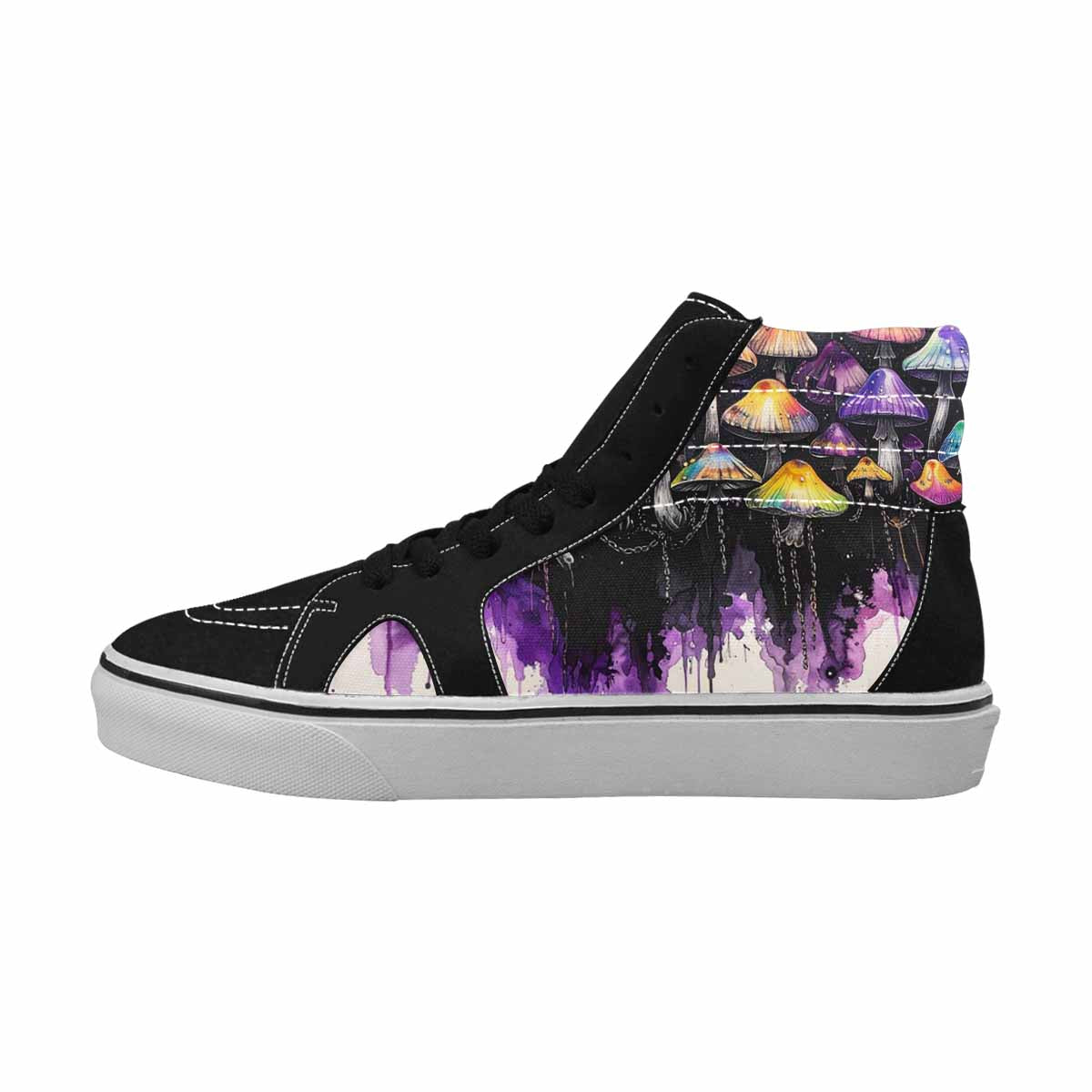 MEN'S Mushrooms Black & Purple Ink High Top Canvas Wearable Art Neon Fantasy Shoes
