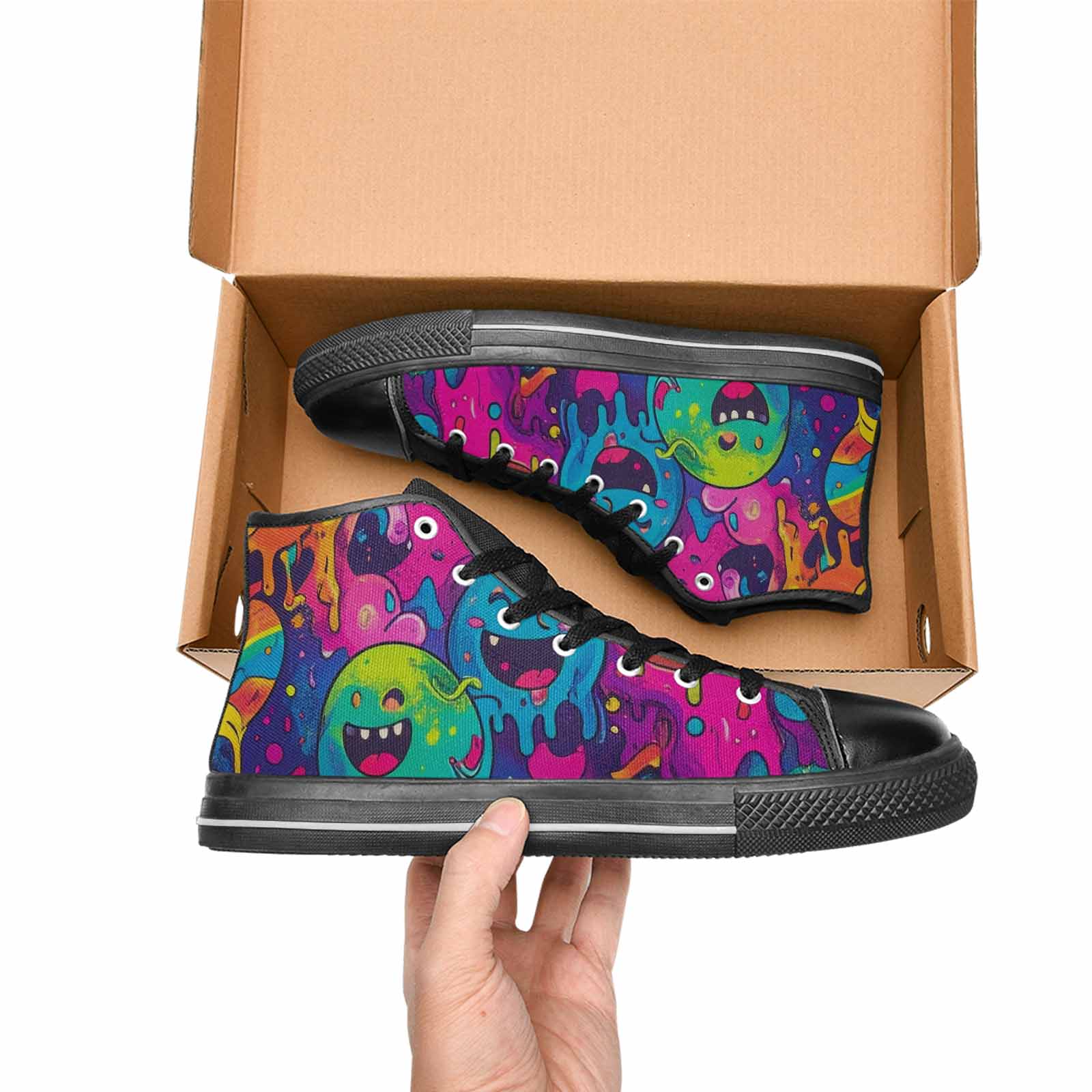 MEN'S Yellow Smiley Face High Top Canvas Grunge Custom Shoes