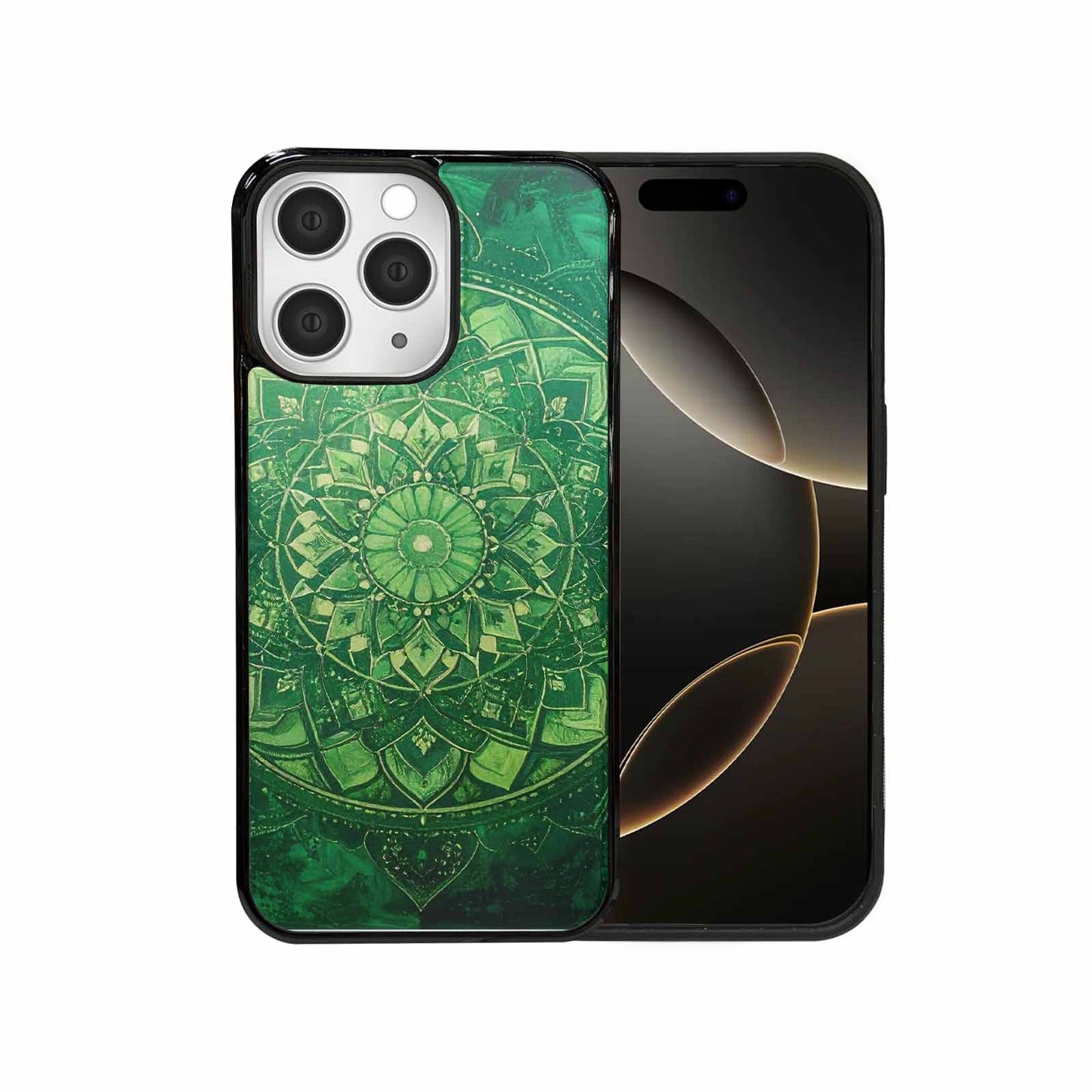 iPhone 15 Pro Max Case — Green Mandala Bohemian Print Edge To, Unique Phone Case Design
