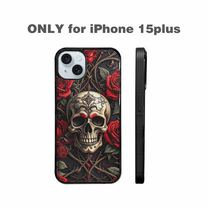 iPhone 15 Plus Case — Gothic Skulls Roses, Customized Protective Case