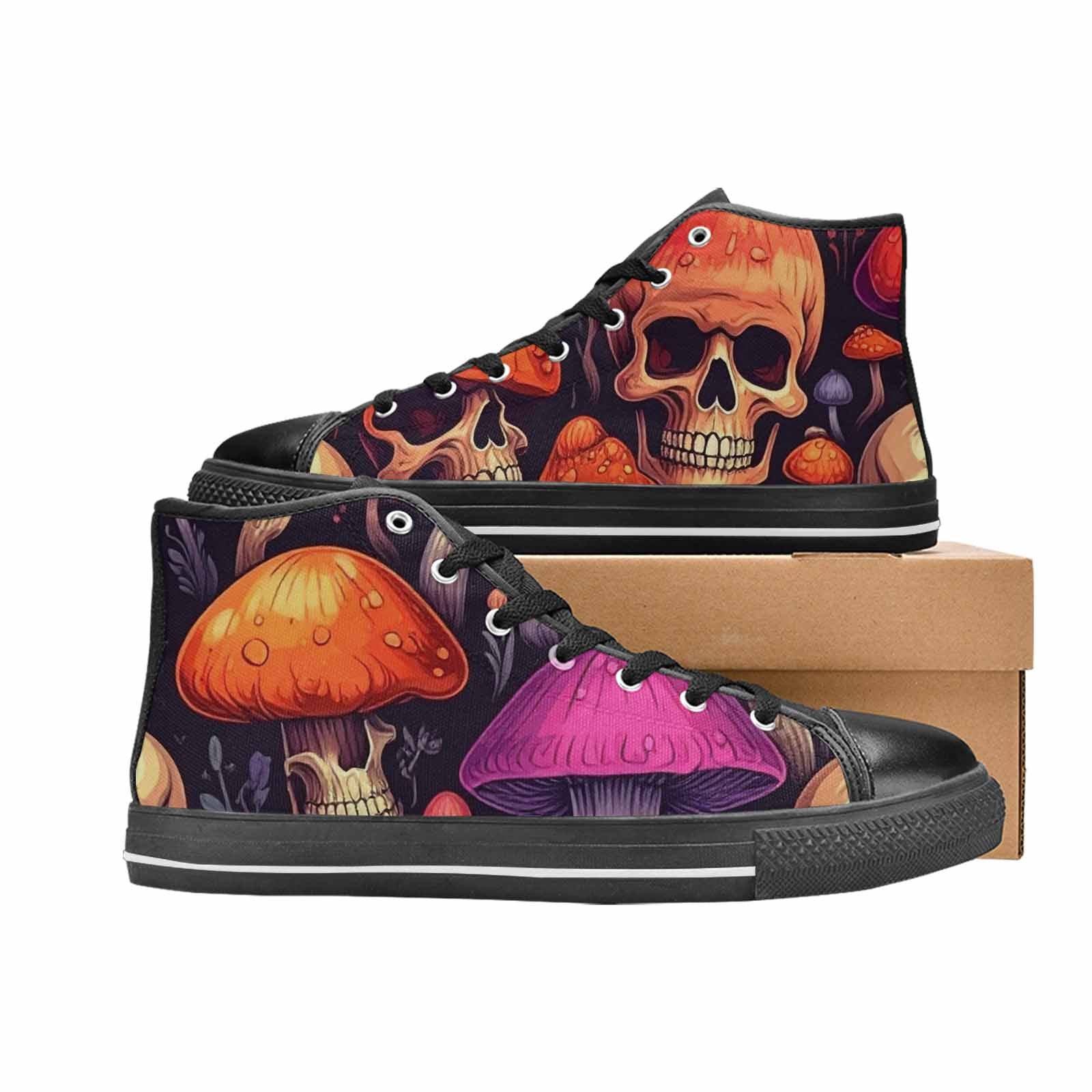 WOMEN'S Mushroom Skulls High Top Canvas Neon Fantasy Custom Sneakers