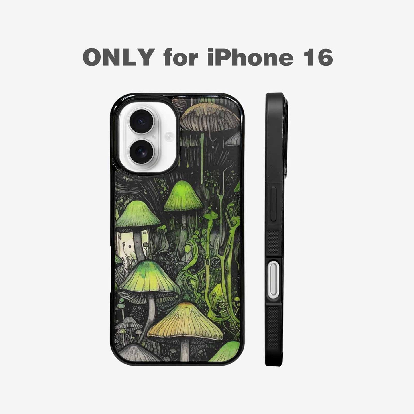 iPhone 16 Case — Rainbow Drip Mushrooms Black Green Ink, Custom Designed Case Cover