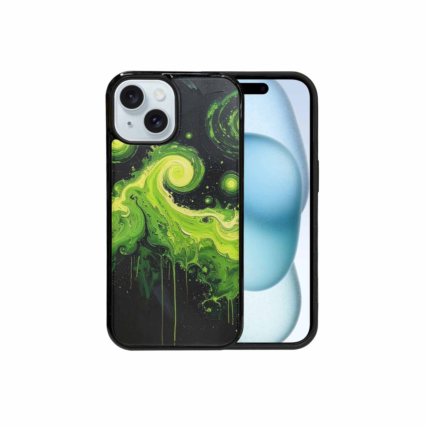 iPhone 15 Case — Melting Galaxy Acid Green, Unique Phone Case Design