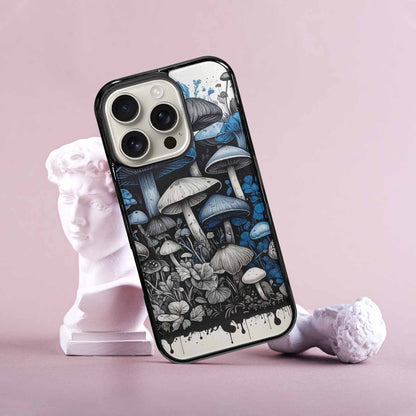 iPhone 16 Pro Case — Mushrooms General Black Blue Ink Mushrooms, Custom Made Phone Cover