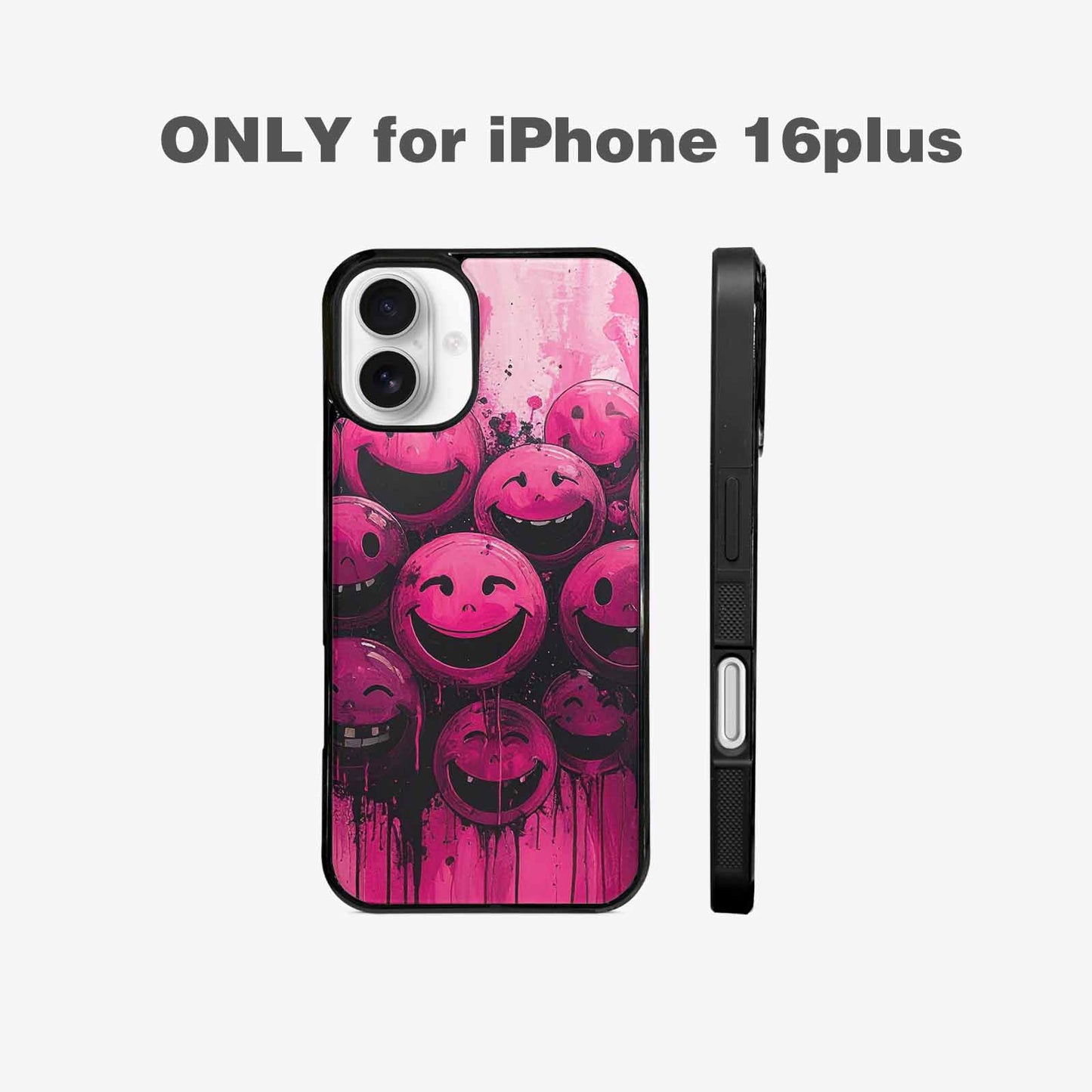iPhone 16 Plus Case — Melting Moon Smiley Black Pink Ink, Original Design Phone Case