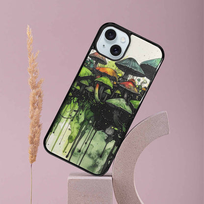 iPhone 15 Plus Case — Rainbow Drip Mushrooms Black Green Ink, Custom Made Phone Cover