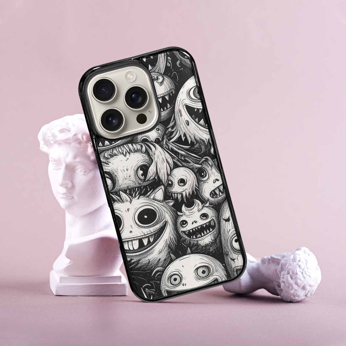 iPhone 16 Pro Case — Black And White Monster Face Collage, Custom Printed Phone Case