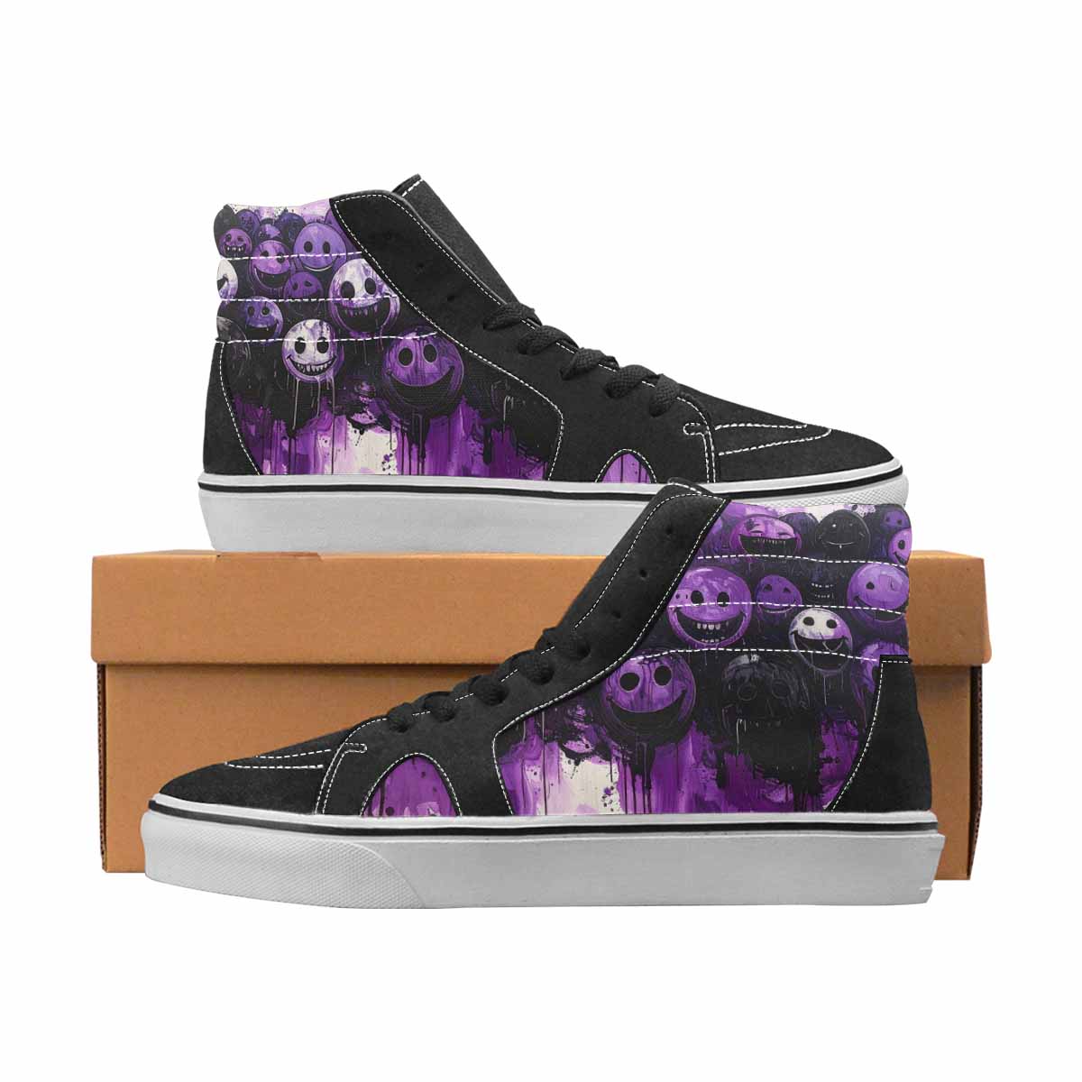 WOMEN'S Smiley Face Black & Purple Ink High Top Canvas Graphic Print Cottagecore Custom Shoes
