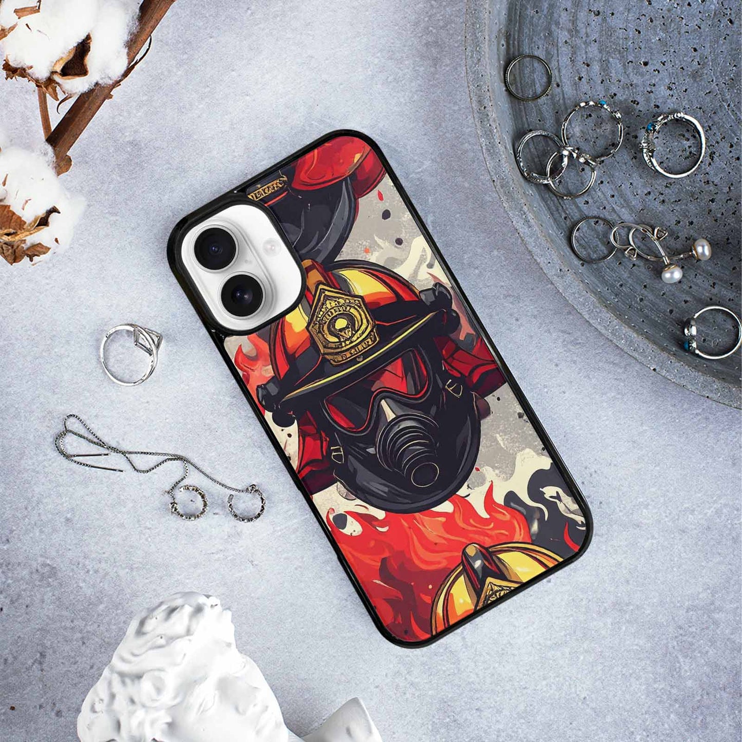 iPhone 16 Plus Case — Firefighter Pattern Flames Axes Helmets Seamless, Custom Printed Phone Case
