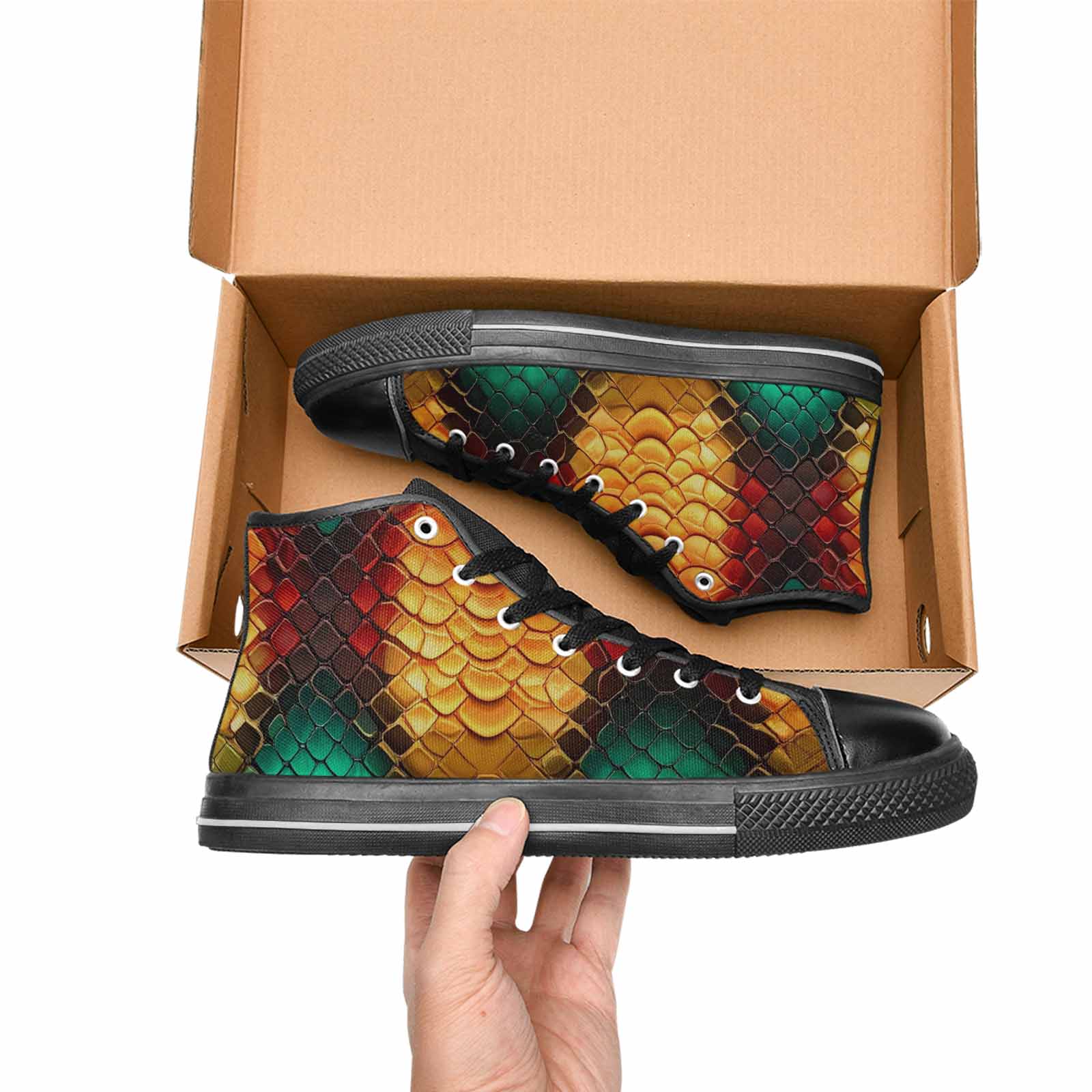 MEN'S Dark Snake Print High Top Canvas Vibrant Chaos Custom Sneakers