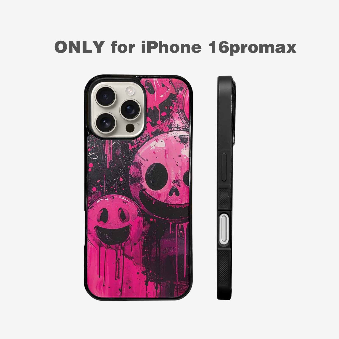 iPhone 16 Pro Max Case — Melting Moon Smiley Black Pink Ink, Custom Phone Case